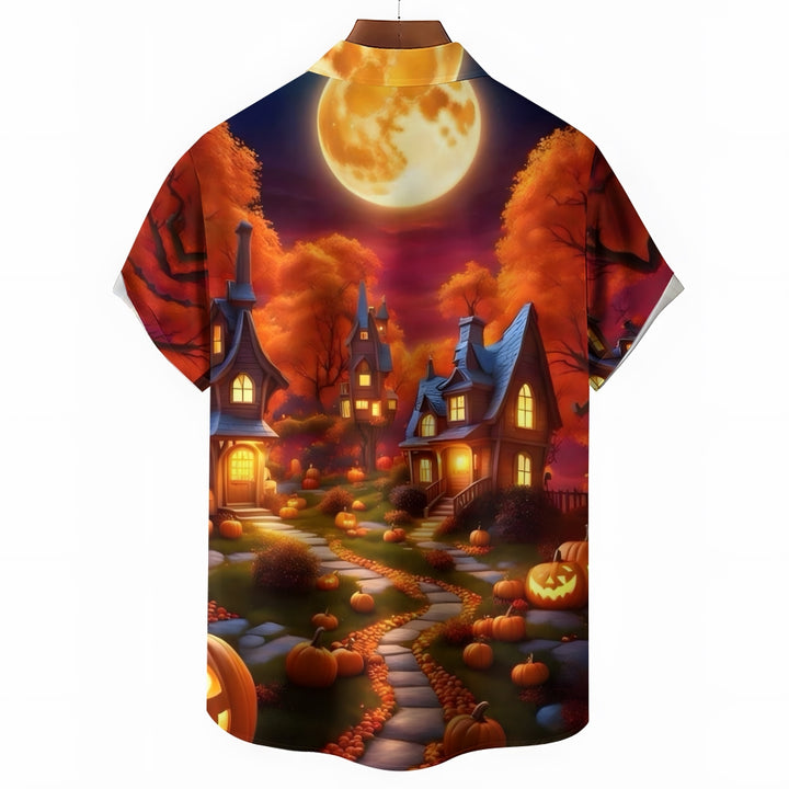 Halloween Pumpkin House Casual Short Sleeve Shirt 2409006103