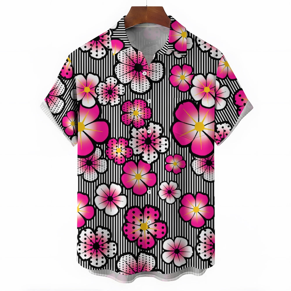 Striped Flower Print Casual Short Sleeve Shirt 2408004643