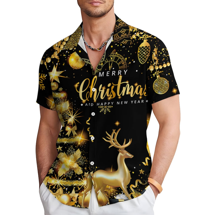 Merry Christmas Gold Glittering Elk Short Sleeve Shirt 2409004956