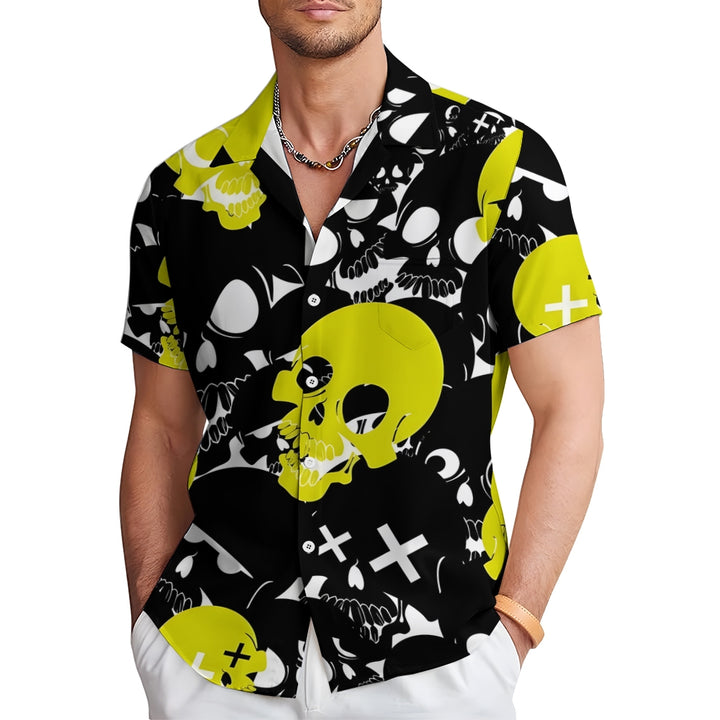 Skull Contrast Print Chest Pocket Short Sleeve Shirt 2411006340