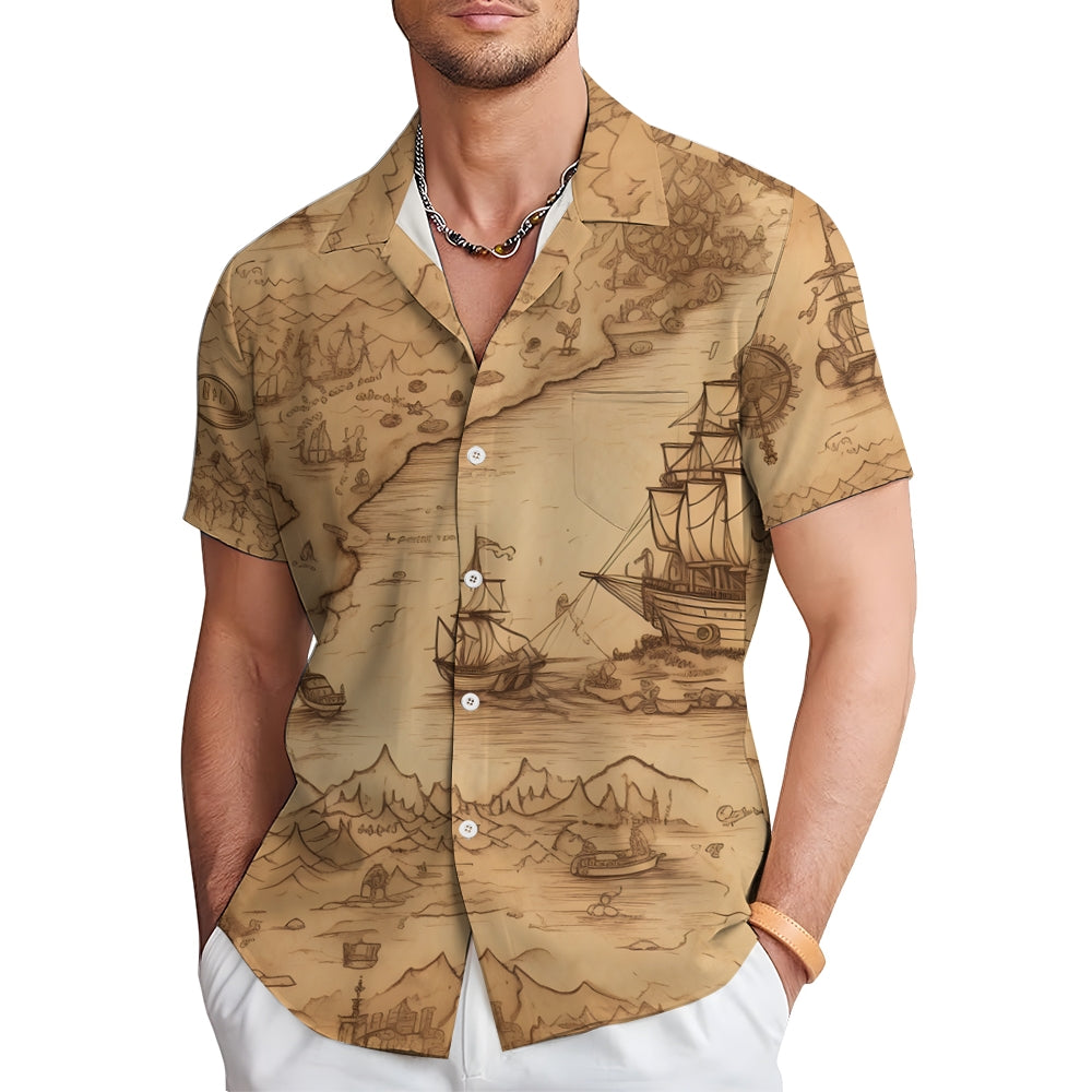 Vintage Sailing Sailboat Print Chest Pocket Short Sleeve Shirt 2411005966