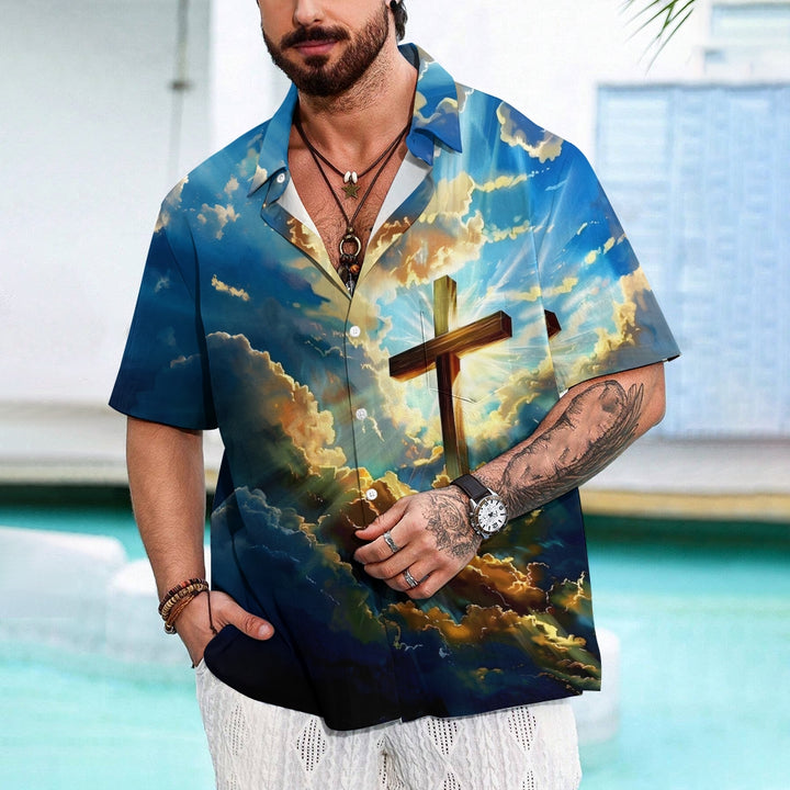 Cross Print In The Clouds Casual Easter Shirt 2412008949