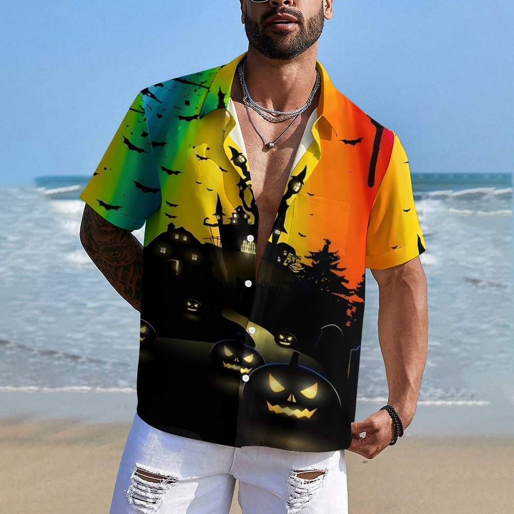 Halloween Castle Print Rainbow Casual Short Sleeve Shirt 2408007709