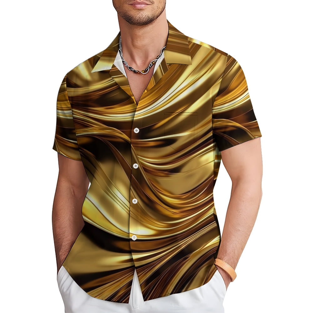 Gold Curve Texture Print Casual Large Size Short Sleeve Shirt 2407001295