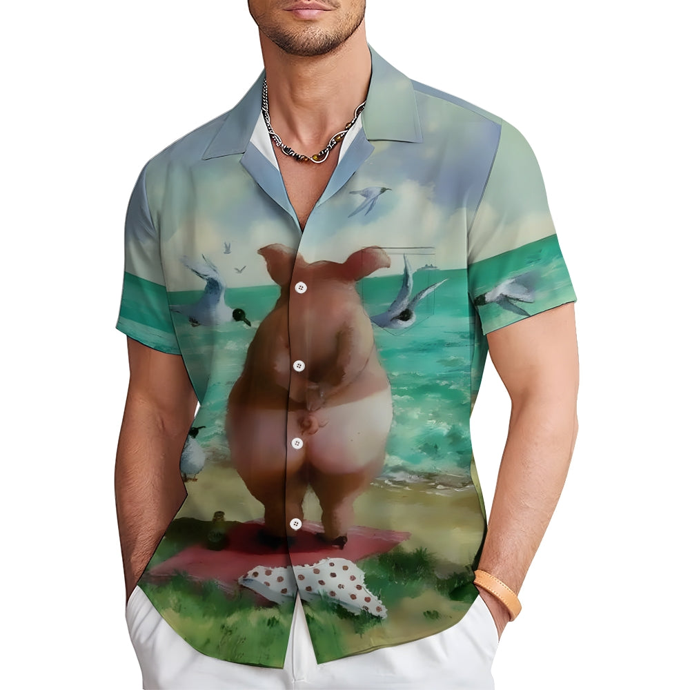 Funny Pig on the Beach Print Short Sleeve Shirt 2410003818