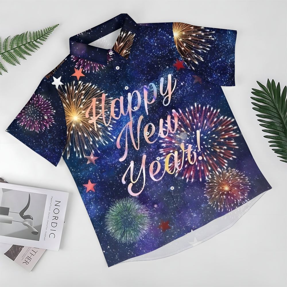 Happy New Year Fireworks Print Casual Short Sleeve Shirt 2410009056