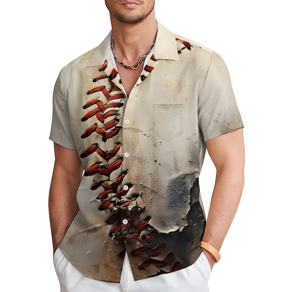 Baseball Retro Distressed Casual Short Sleeve Shirt 2409001756