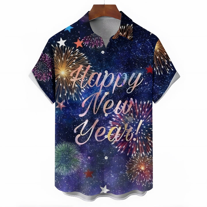 Happy New Year Fireworks Print Casual Short Sleeve Shirt 2410009056