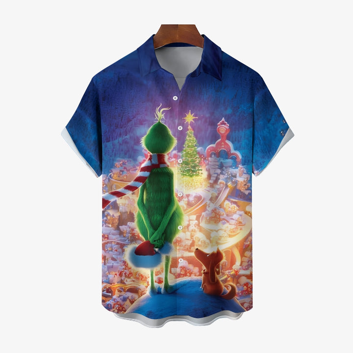 Cartoon Christmas Green Monster Print Short Sleeve Shirt 2411003265