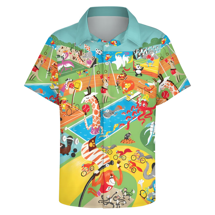 Cartoon Animal Olympics Casual Short Sleeve Shirt 2404000489