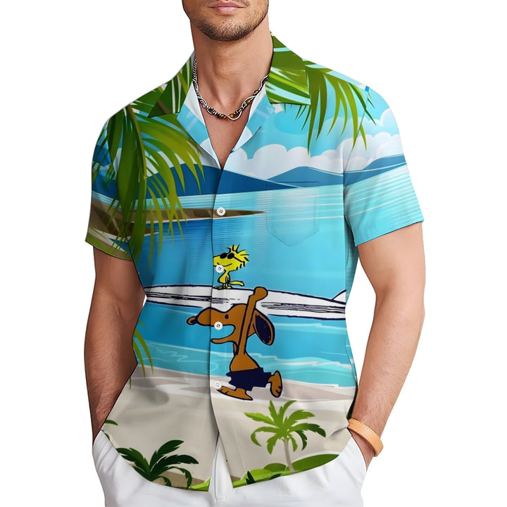 Cartoon Dog Surfing Hawaiian Casual Short Sleeve Shirt 2408007620