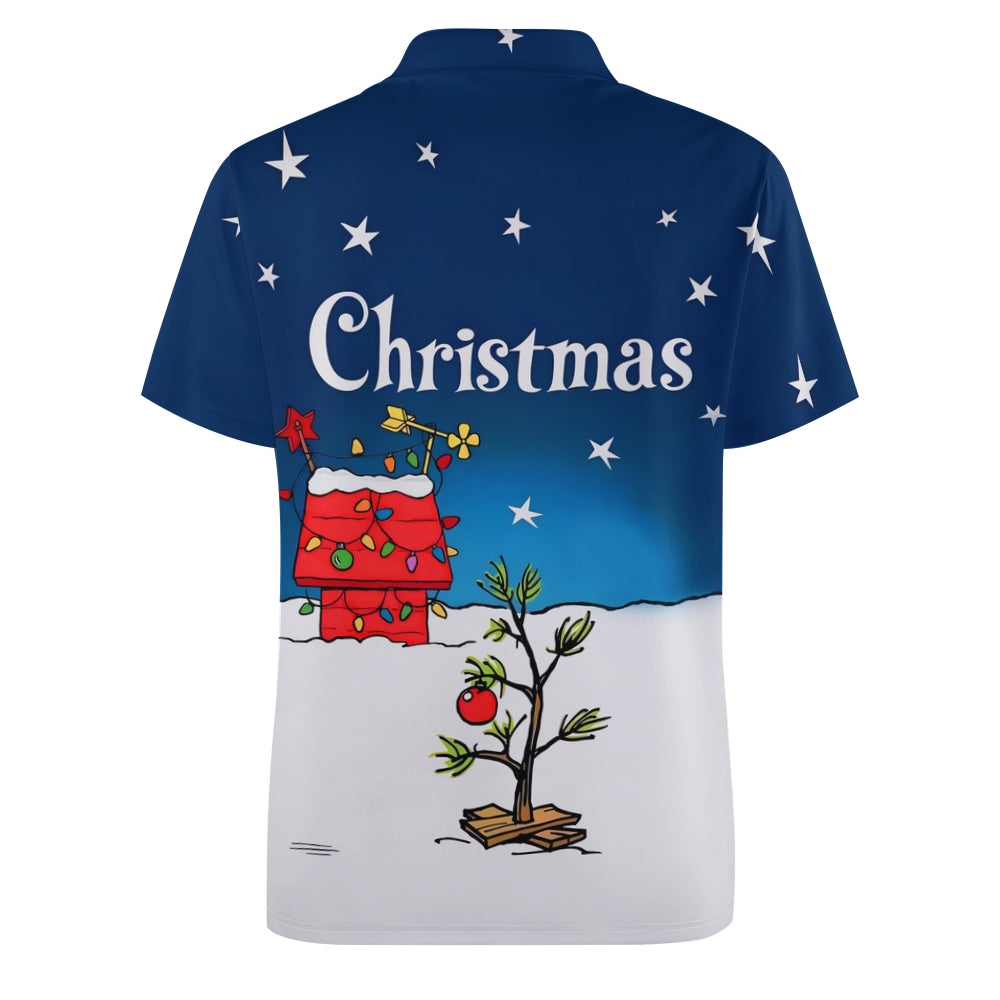 Christmas Tree Holiday Blue Cartoon Men's Button Down Short Sleeve Polo