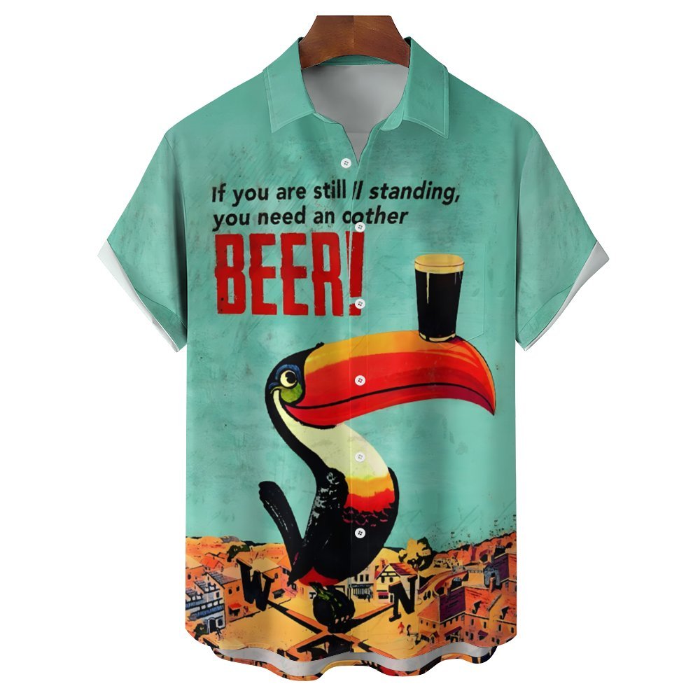 Men's Toucan Beer Print Casual Short Sleeve Shirt 2403000501