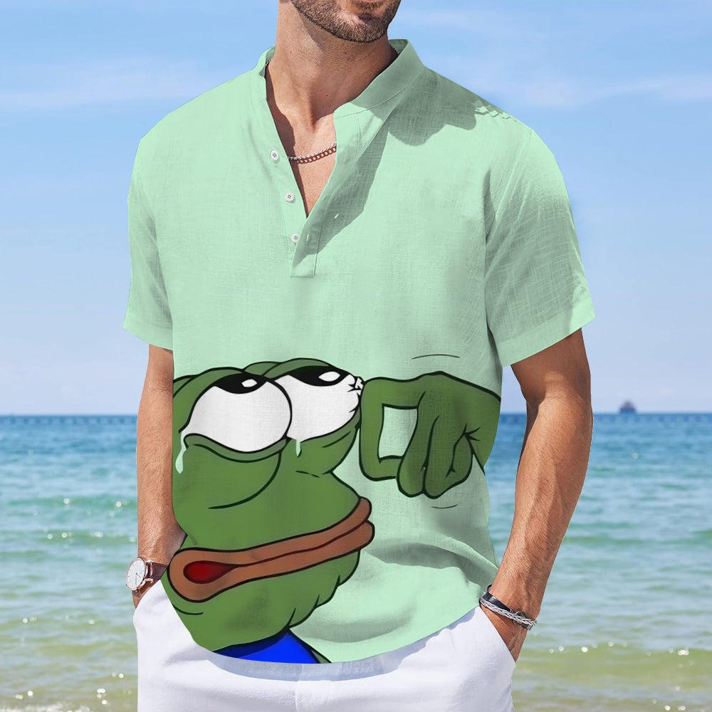 Cry Sad Frog Fun Printed Cotton and Linen Short Sleeve Shirt 2405001036
