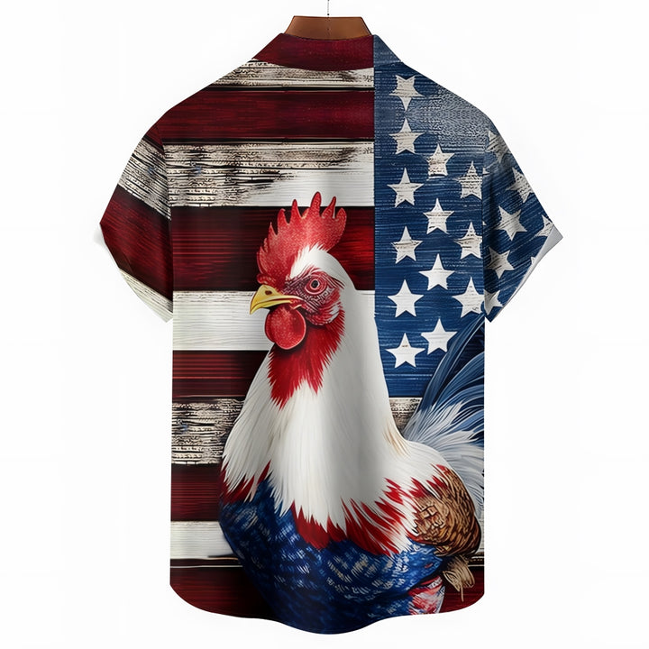 Rooster Flag Print Patriotic Casual Short Sleeve Shirt 2405002093