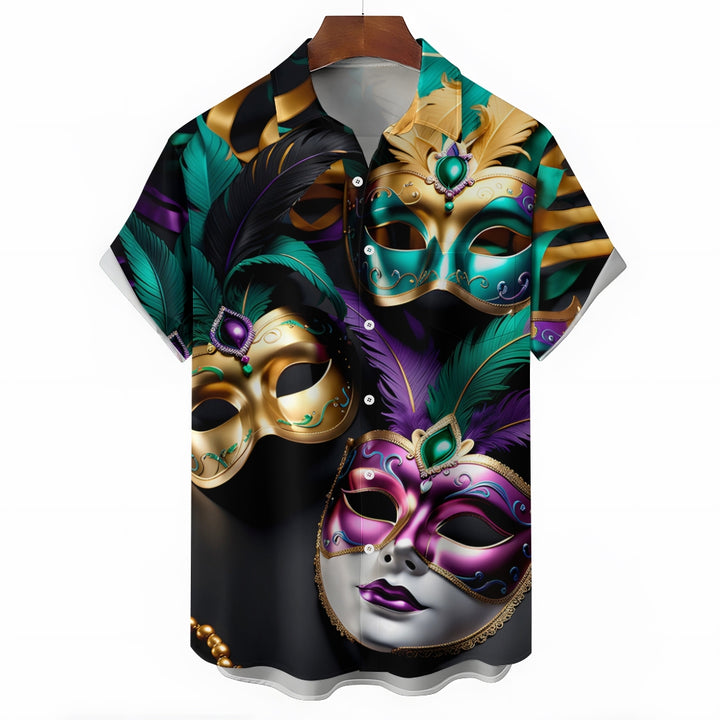 Mardi Gras Carnival Mask Casual Short Sleeve Shirt 2412003201