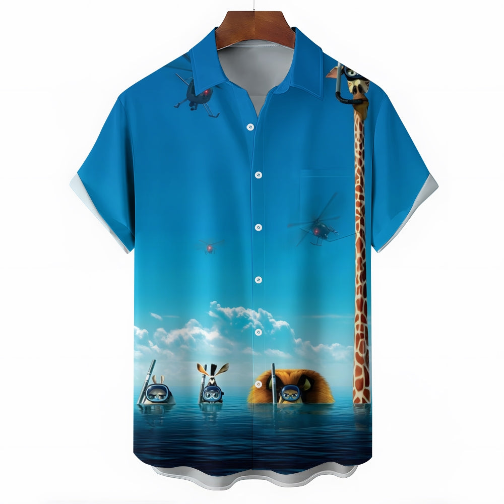 Cartoon Animal Diving Print Casual Short Sleeve Shirt 2410002367