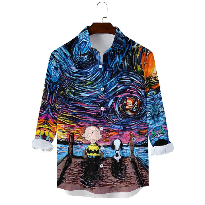 Starry Sky Cartoon Character Casual Printed Long Sleeve Shirt