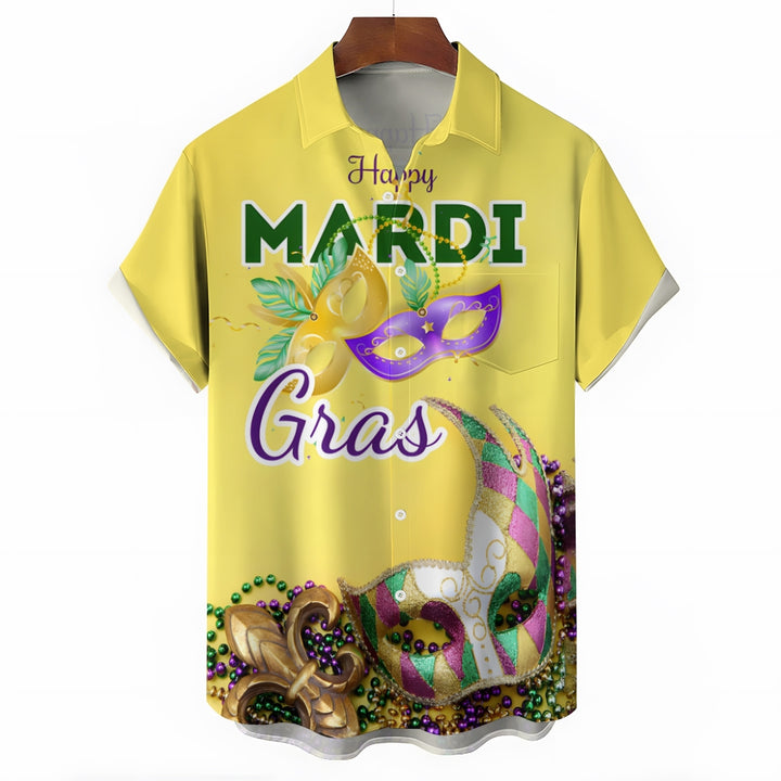 Mardi Gras Chest Pocket Short Sleeve Casual Shirt 2412000673