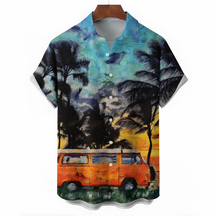 Coconut Tree And Bus Print Casual Short Sleeve Shirt 2412003116