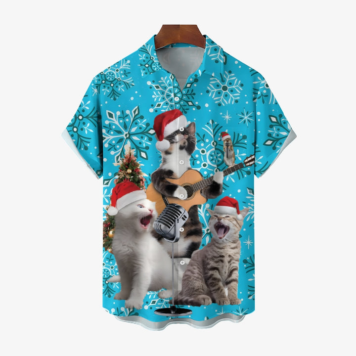 Cats Wearing Santa Hats And Singing Print Short Sleeve Shirt 2410003859