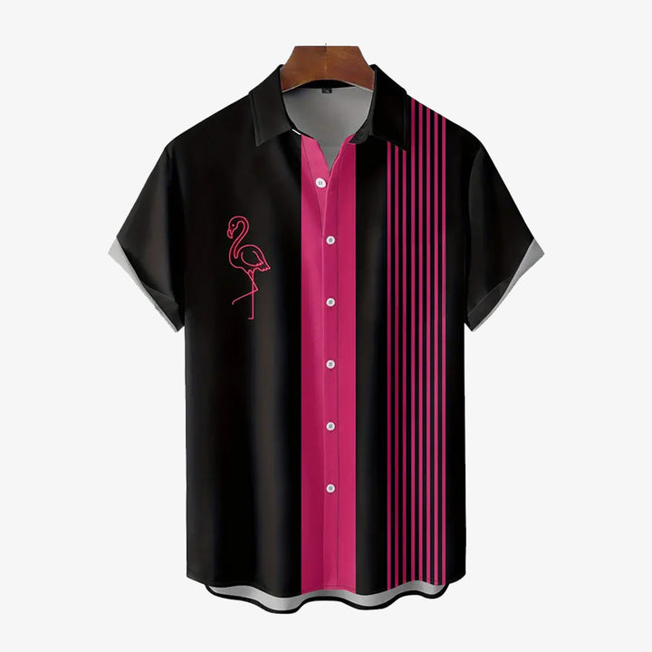 Men's Geometric Flamingo Stripe Print Casual Short Sleeve Shirt