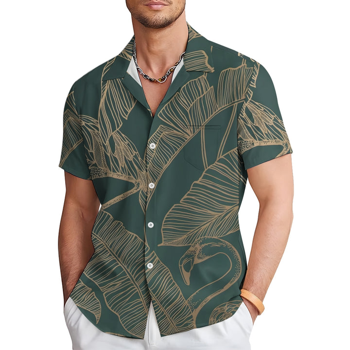 Leaf Flamingo Metallic Print Casual Short Sleeve Shirt 2405000682