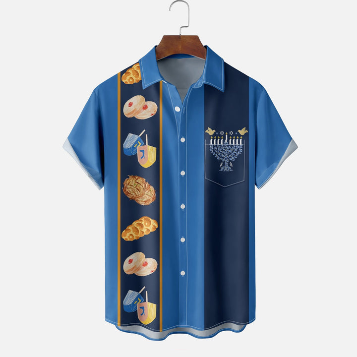 Hanukkah Menorah Chest Pocket Bowling Shirt