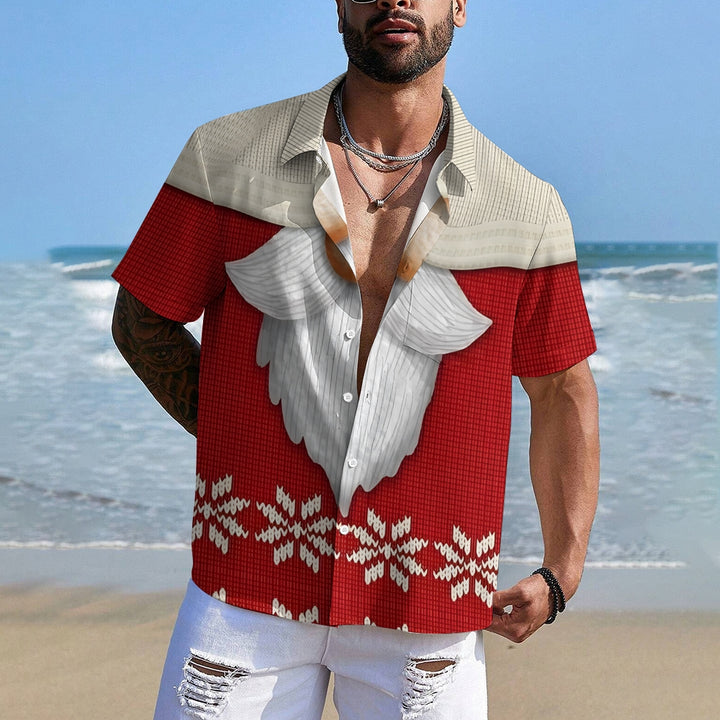 Santa Claus Knitted Texture Print Casual Short Sleeve Shirt 2410004974