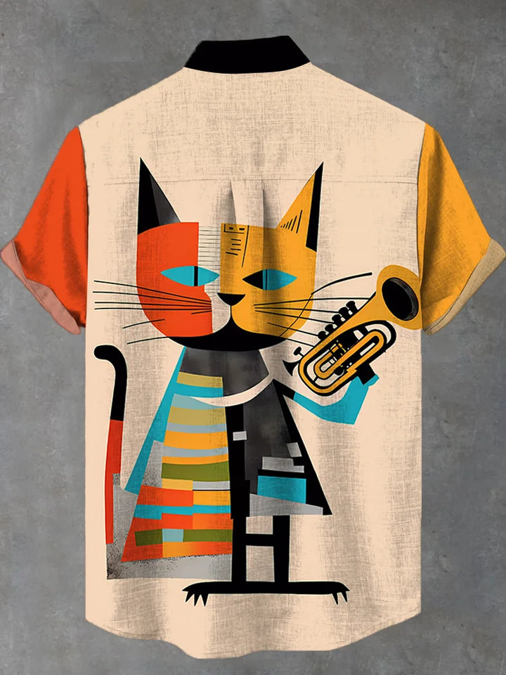 Orange Cat Print Geometric Cartoon Short Sleeve Shirt