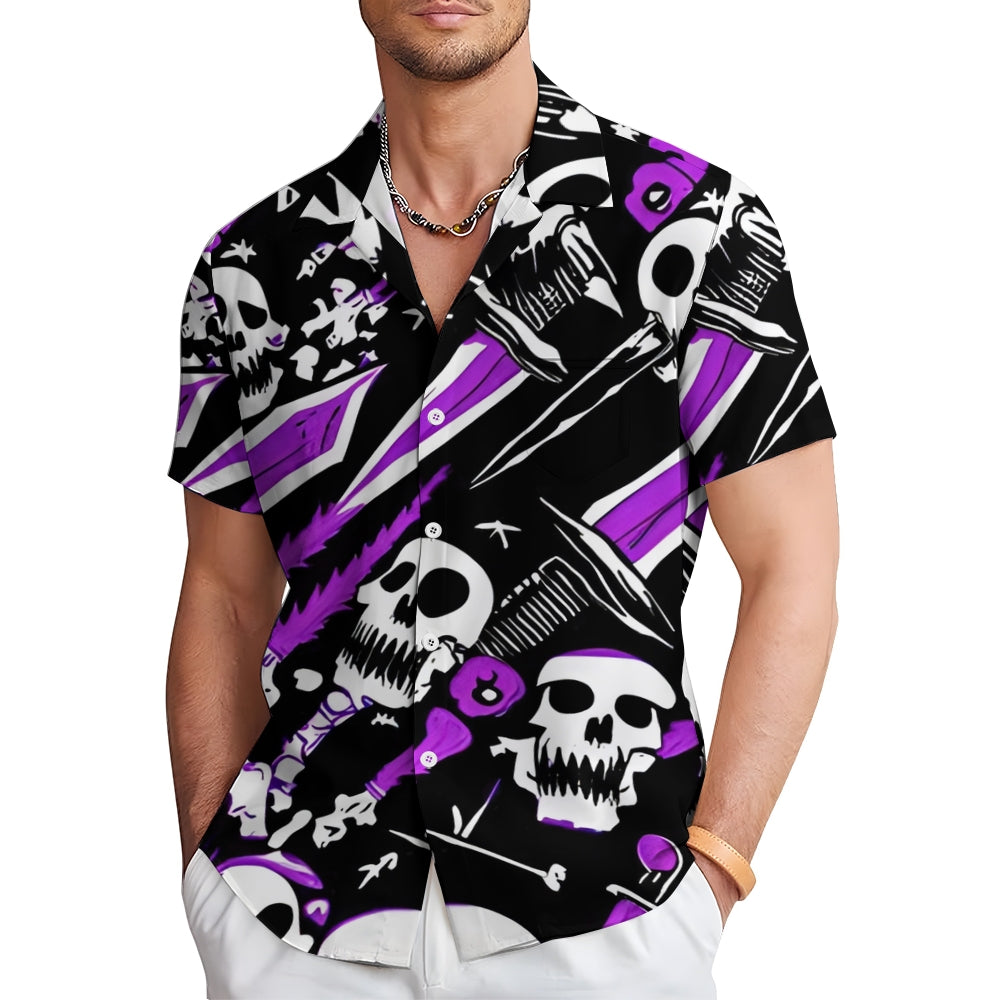 Skull and Sword Print Chest Pocket Short Sleeve Shirt 2411006380