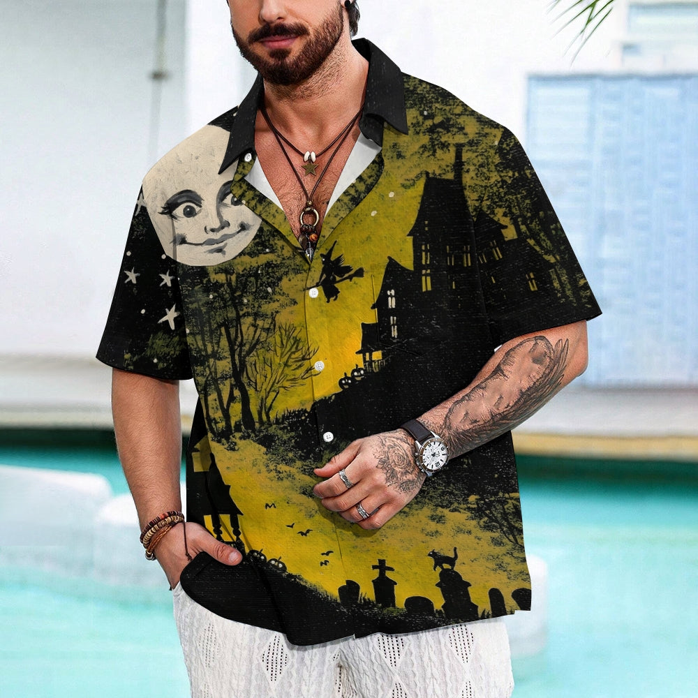 Halloween Castle Witch Print Casual Short Sleeve Shirt 2408002669