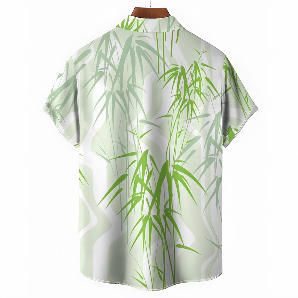 Men's Green Bamboo Art Print Casual Short Sleeve Shirt 2412003833