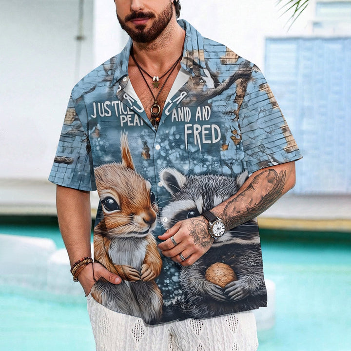 Squirrel and Peanut Print Chest Pocket Short Sleeve Shirt 2411002225