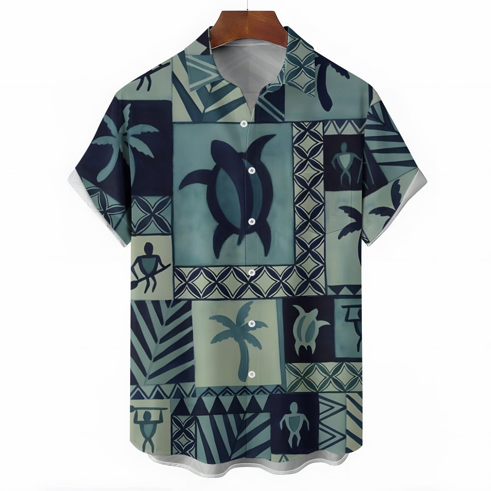 Geometric Turtle And Coconut Tree Print Hawaiian Shirt 2412006359