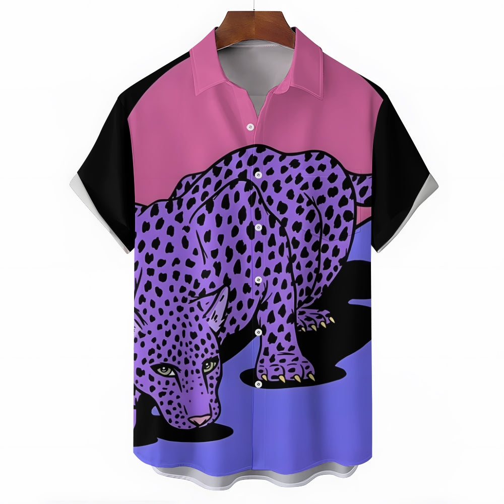 Leopard Art Print Casual Oversized Short Sleeve Shirt 2407001248