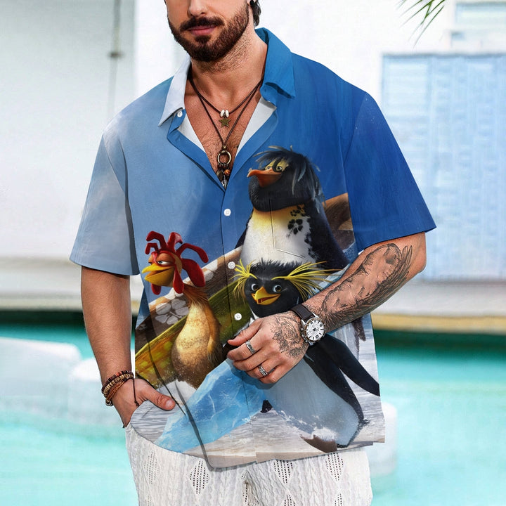 Surfing Penguin Cock Casual Short Sleeve Shirt 2410002379