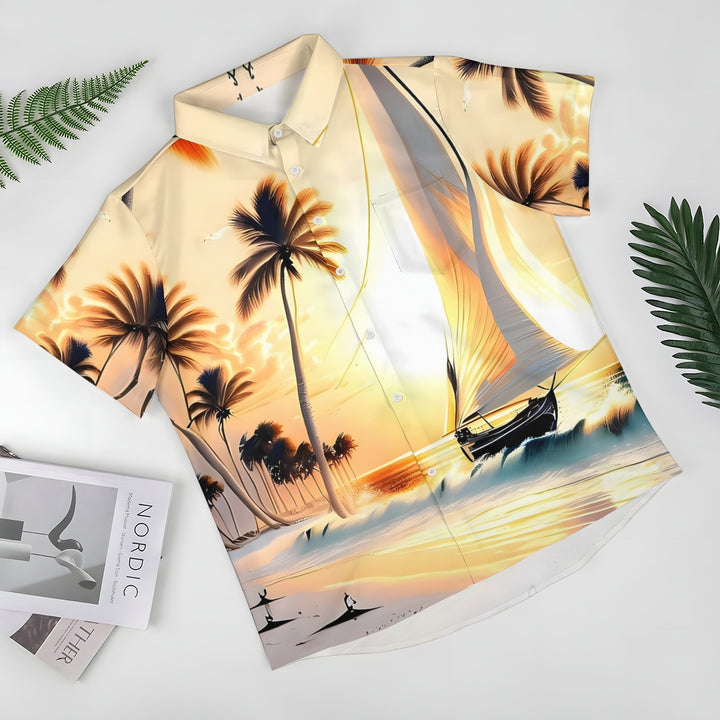 Beach Scenery Sailing Print Casual Short Sleeve Shirt 2404000185