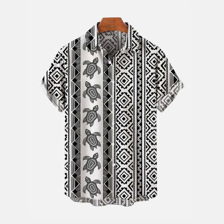 National Style Ethnic Geometric Pattern And Turtle Printing Short Sleeve Shirt