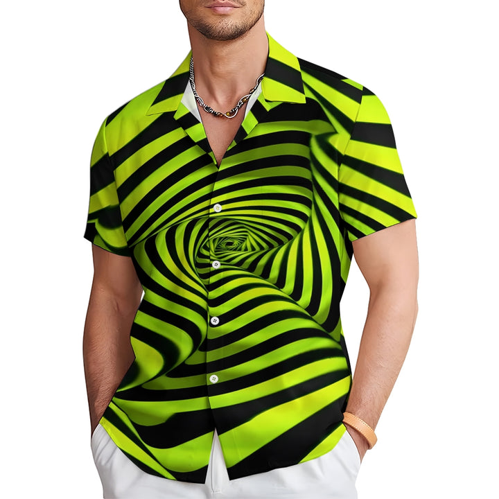 Men's Fluorescent Green Spiral Stripe Print Short Sleeve Shirt 2410008354