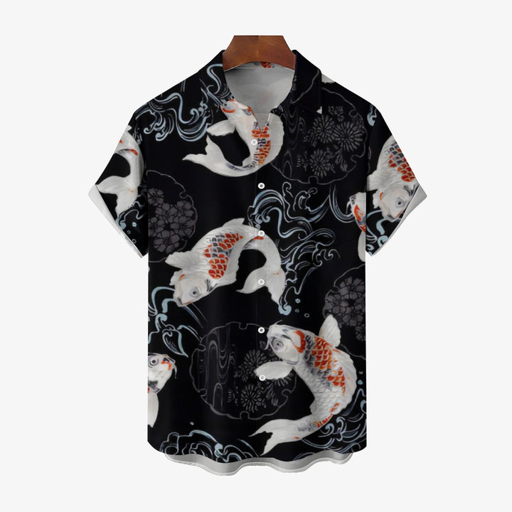 Koi Art Lucky Print Casual Short Sleeve Shirt 2412009968