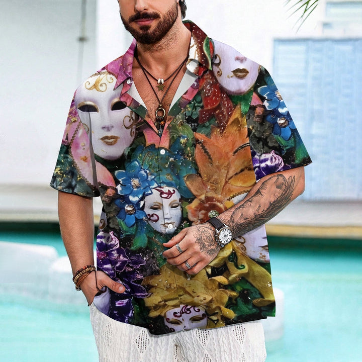 Mardi Gras Mask Print Casual Short Sleeve Shirt 2412007833