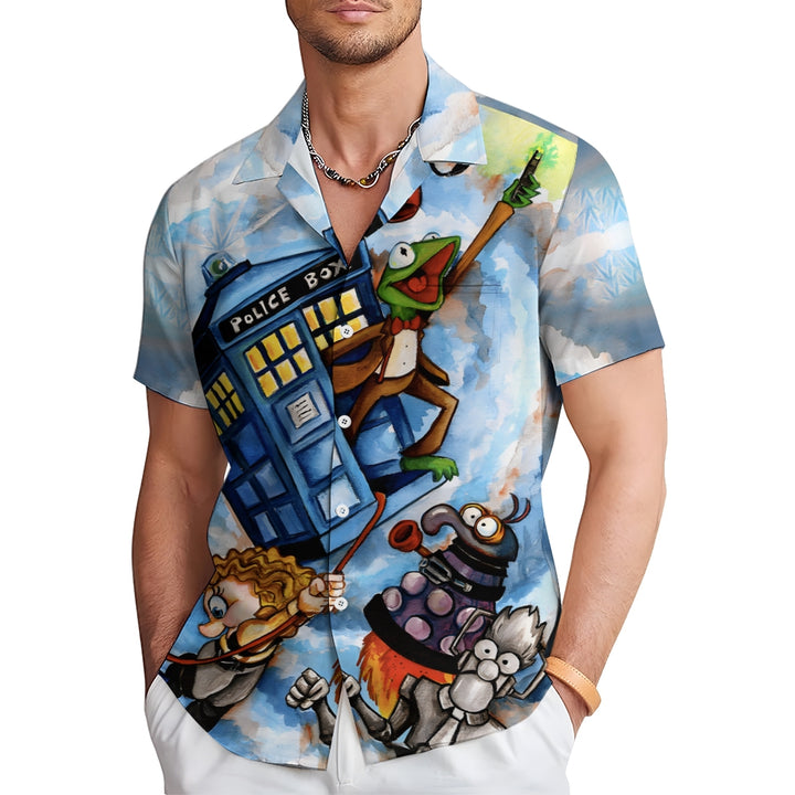 Police Box Cartoon Print Casual Short Sleeve Shirt 2410006780