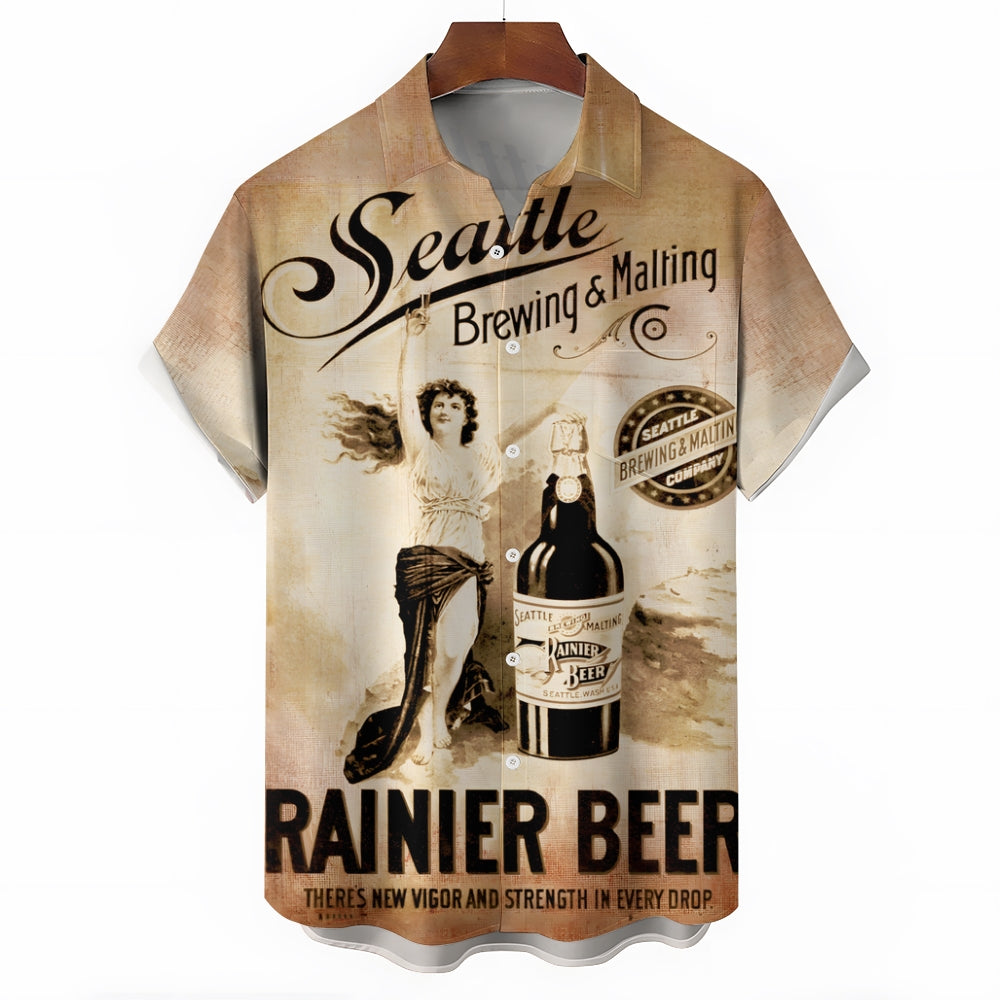 Beer Poster Print Casual Short Sleeve Shirt 2408008426