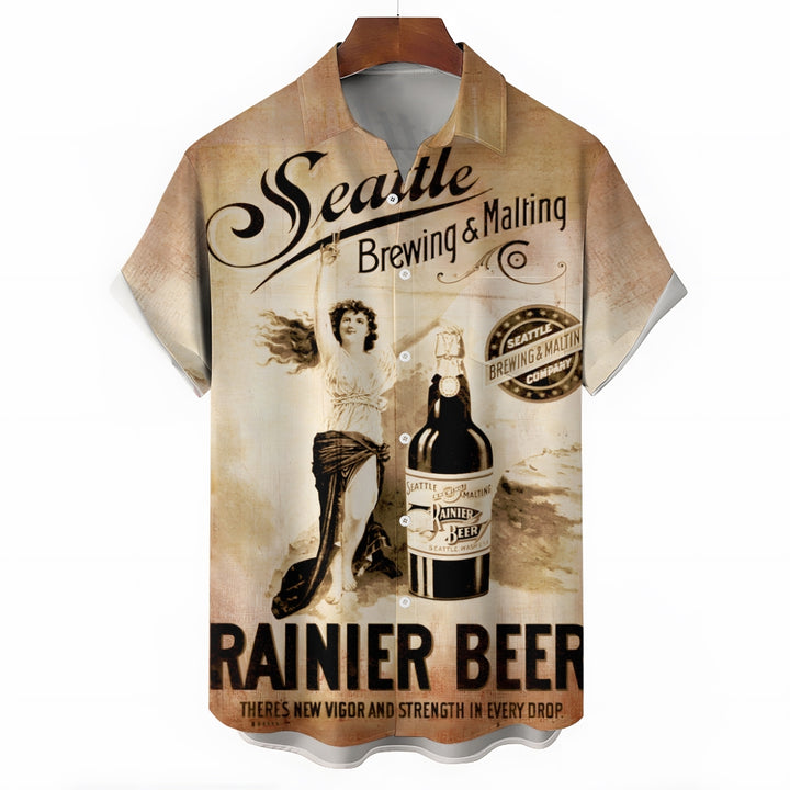 Beer Poster Print Casual Short Sleeve Shirt 2408008426