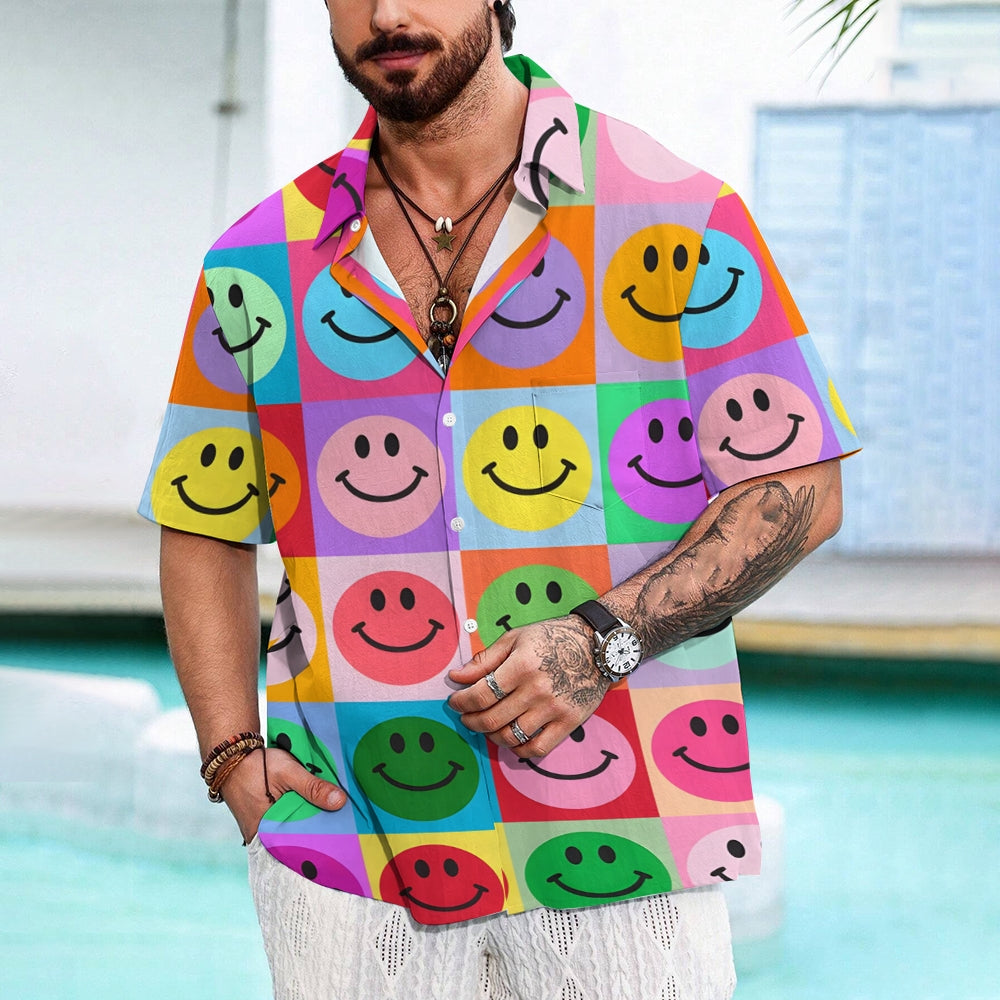 Colorful Smiley Face Patchwork Short-Sleeved Shirt 2409010805