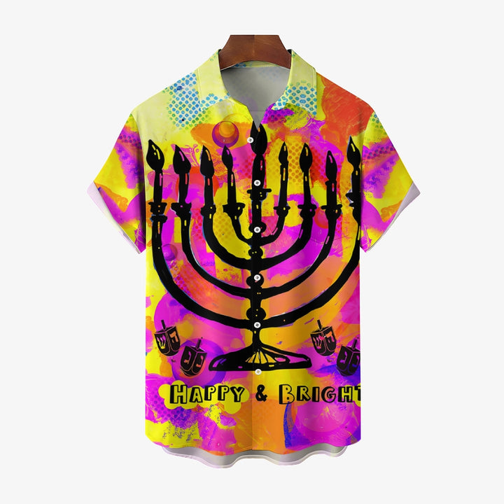 Hanukkah Menorah Art Print Casual Short Sleeve Shirt 2411013108