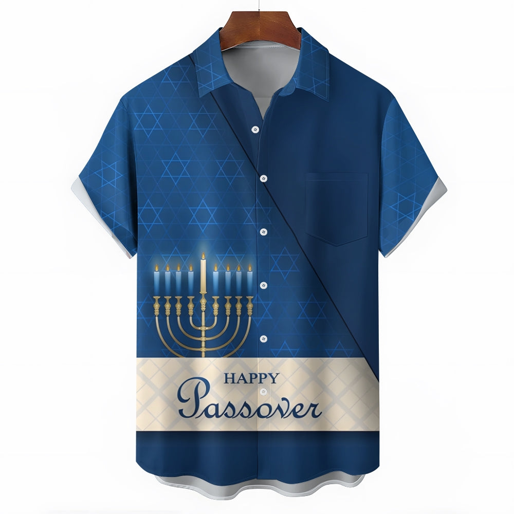 Happy Hanukkah Candle Print Short Sleeve Shirt 2411011968