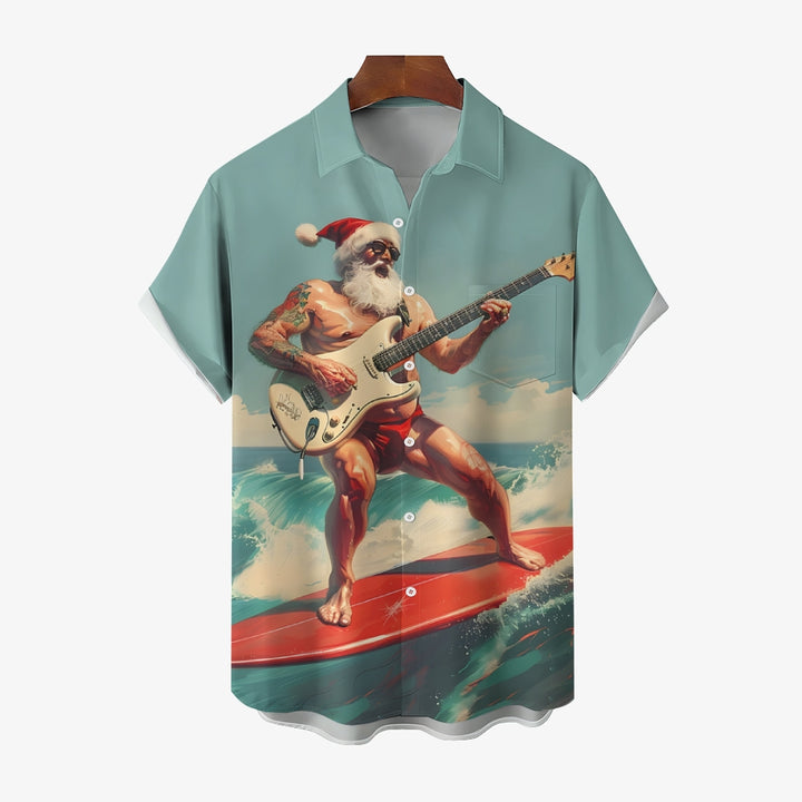 Funny Surfing Christmas Santa Claus Print Short Sleeve Shirt 2411005334