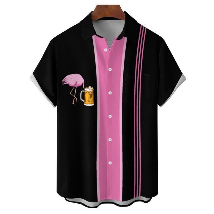 Flamingo Beer Chest Pocket Short Sleeve Bowling Shirt 2401000395